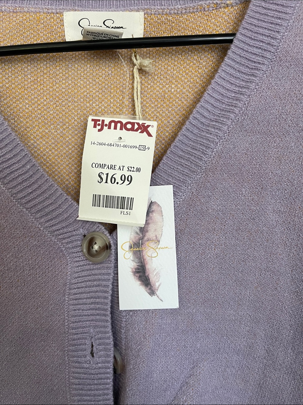 Jessica Simpson Lavender Cropped V-Neck Cardigan with Yellow Floral Sleeve - Picture 4 of 5